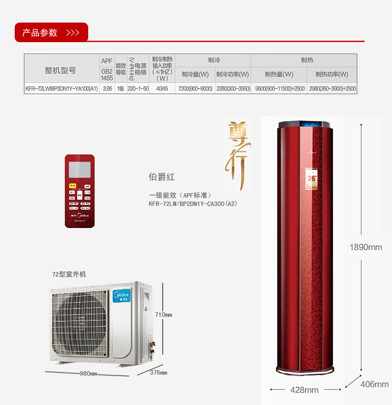 美的KFR-51LW/BP3DN1Y-YA100(B1)2匹變頻柜式空調(diào)的機(jī)身尺寸及其參數(shù)